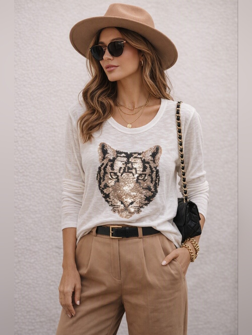 NWOT Cream Tiger Tee Long Sleeves